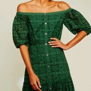 Veronica Beard Green Cali Eyelet Off the Shoulder Cotton Dress